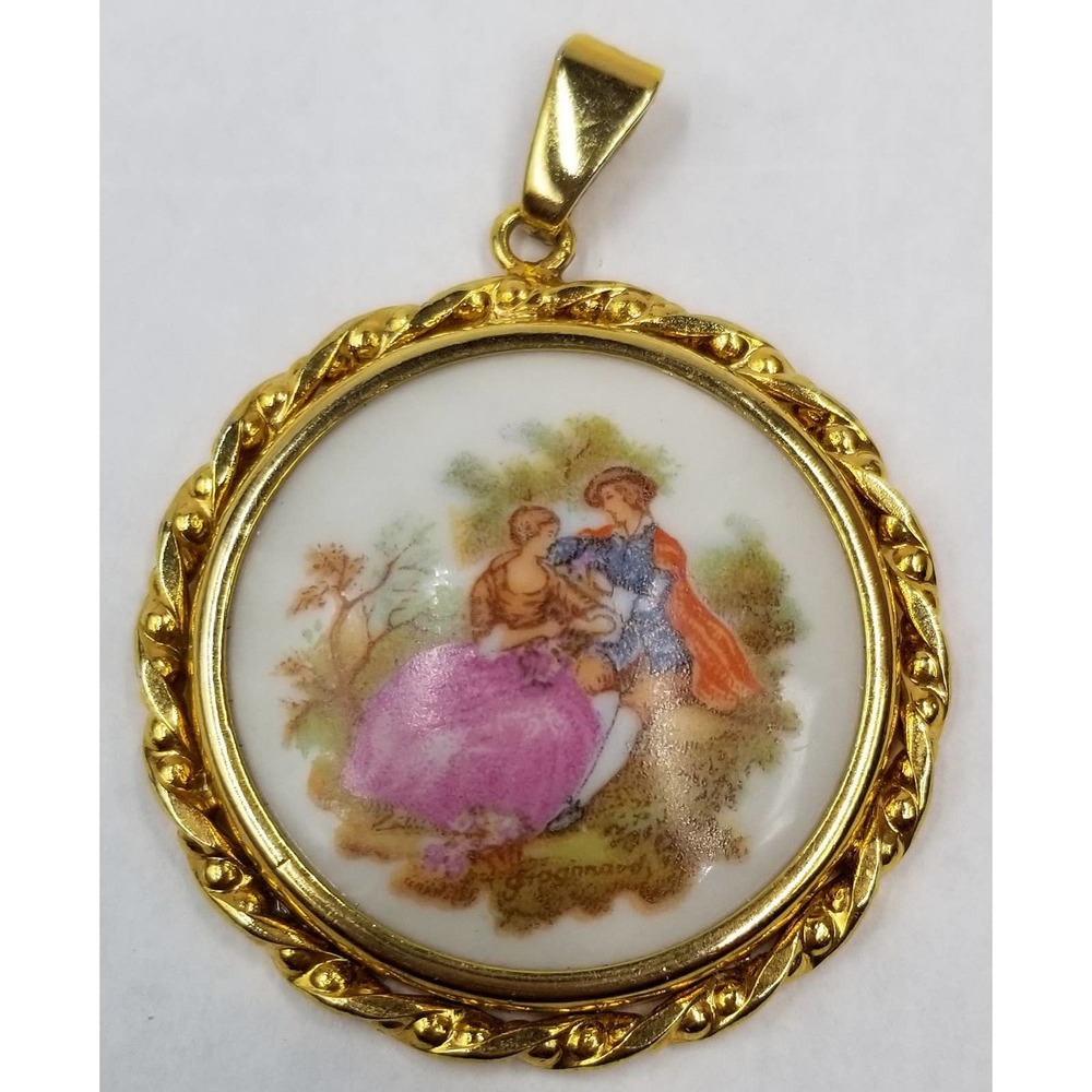 Vintage Porcelain Courting Couple Pendant For Necklace Limoges France